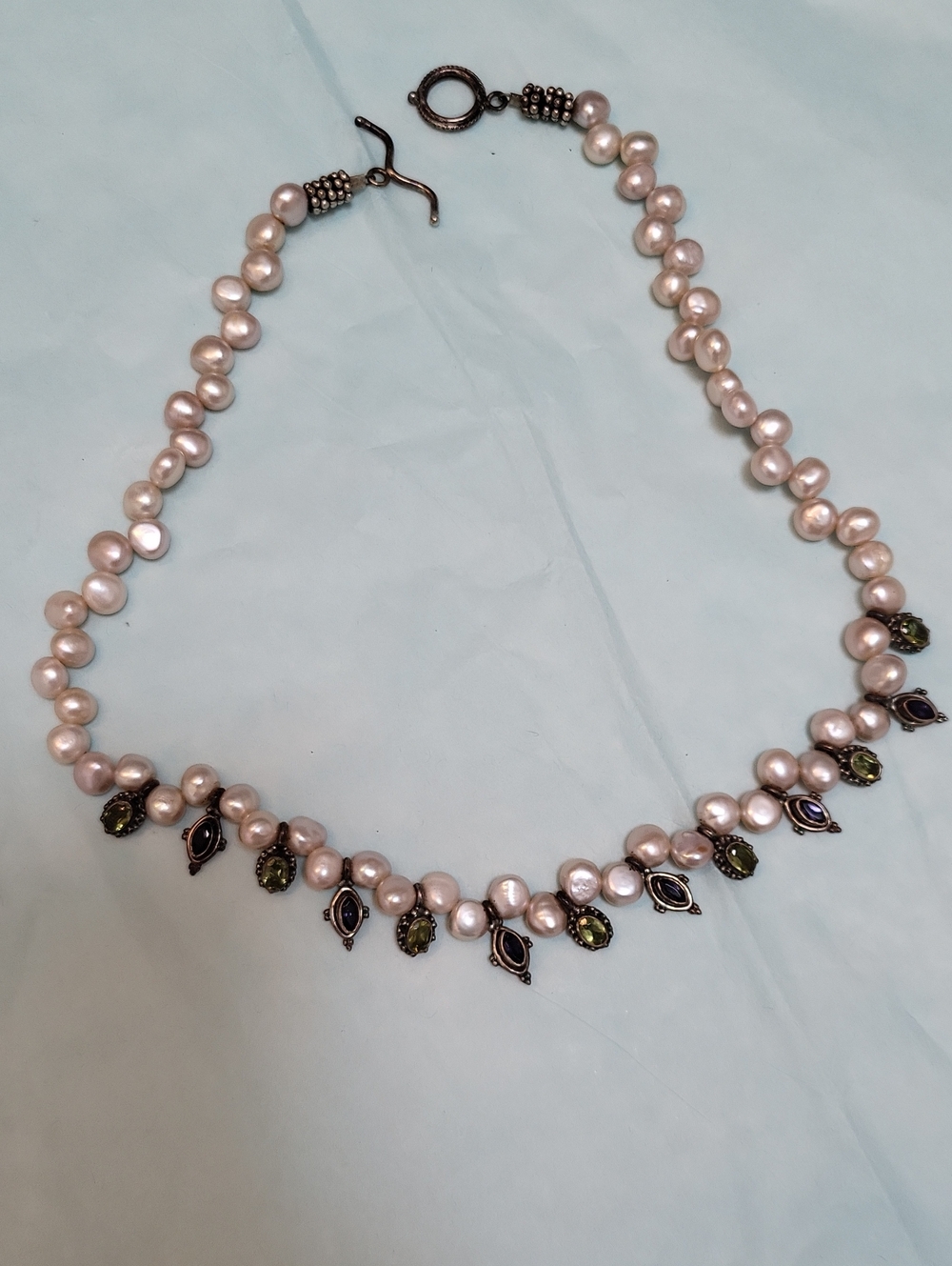 Cultured Pink Pearl Choker Necklace with Green Accent Drops